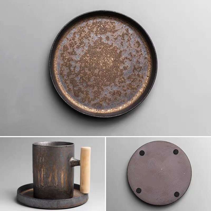 Japansk stil keramisk kontor te krus vintage vand kop retro kaffemælk med træhåndtag drinkware: Sæt  -3b