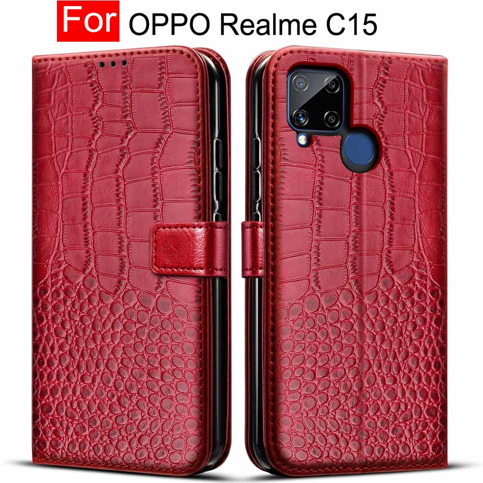 Voor Oppo Realme C15 Case Flp Lederen Boek Portemonnee Telefoon Geval Voor Oppo Realme C15 Cover Realme C 15 Tpu bumper RealmeC15 6.5 Coque: Red