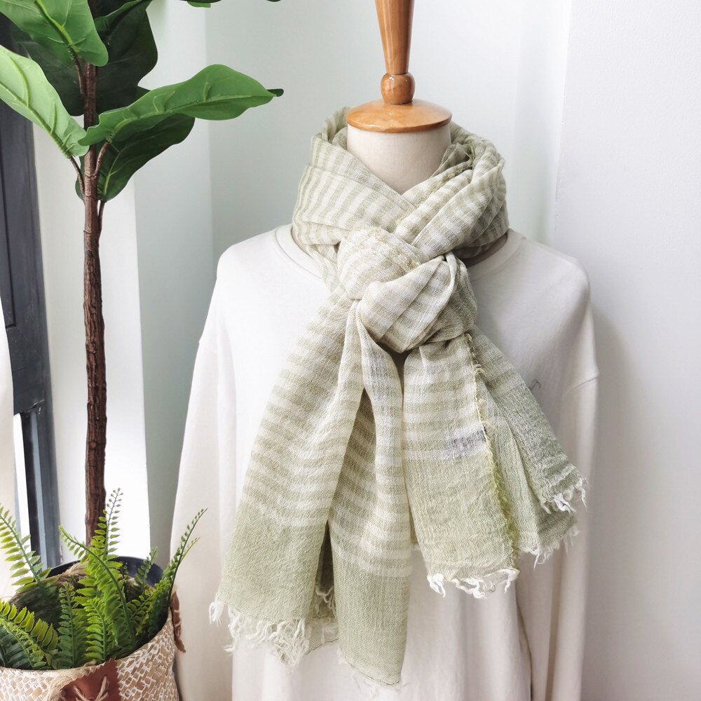 Neue Trendy Striped Frauen Schal Grau Solide Japanische Unisex Stil Baumwolle und Leinen Lange Schal Männer Schal: Licht Grün