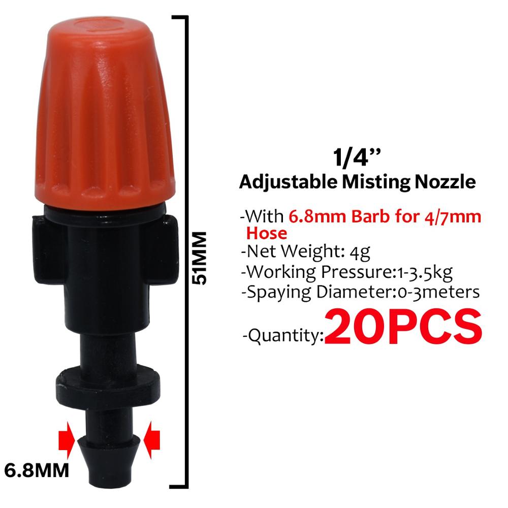 Kesla 20 stk justerbar misting dyse gevind barb barb tee have vanding vandings sprinkler til 4/7mm 1/4 '' pe pvc slangeslange: Ksl 01-028-20 stk