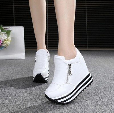 Kvinder sneakers forår efterår høje hæle damer fritidssko kvinder wedges platform sko kvindelige tyk bund sneakers: Hvid / 4