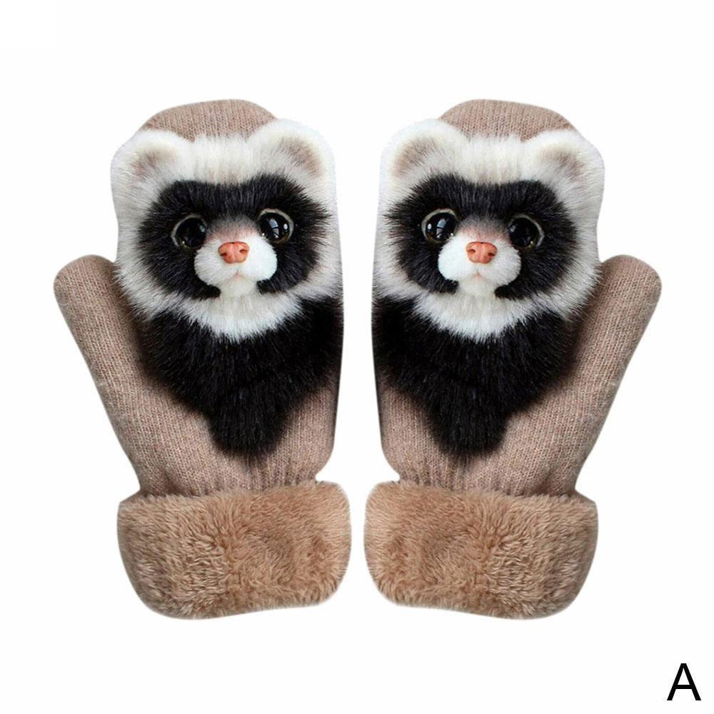 Animal Cat Dog Panda Racoon Kid Winter Warm Soft Princess Girl Mittens Full Long Gloves Fingers Cute L3E8: A