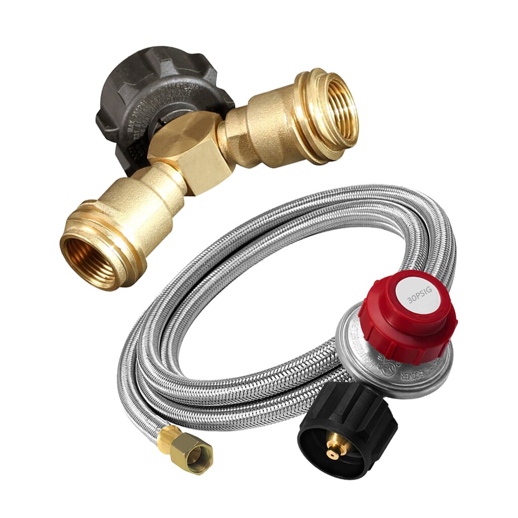 Propane Tank Y Splitter Valve Adapter with Stainless Regulator 4ft Hose