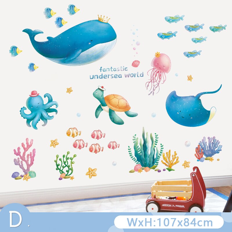 Waterproof Cartoon Underwater Animal World Wall Stickers for Kids room Bathroom Bedroom Vinyl Wall Decals Removable Murals Decor: Red