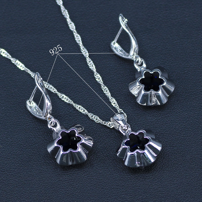 Bloemblauwe zirkoon bruids zilverkleurige sieraden sets dames hanger & ketting ring oorbellen met natuurlijke stenen sieradendoos