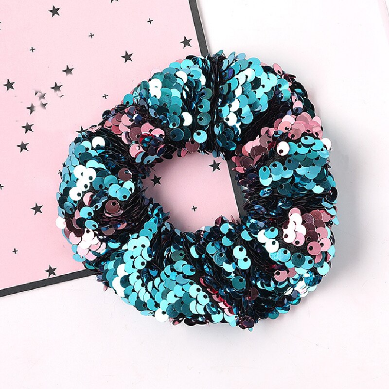 Paljett hår scrunchie glitter hårslipsar färgglada elastiska hårband vändbara paljetter scrunchies för flickor kvinnor håraccessoarer: Sjöblått