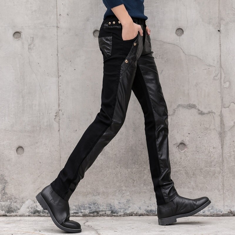 Mænds bukser imiteret læder jeans spliced denim bukser male stretch slim fit punk stage singer motorcykel casual bukser mænd