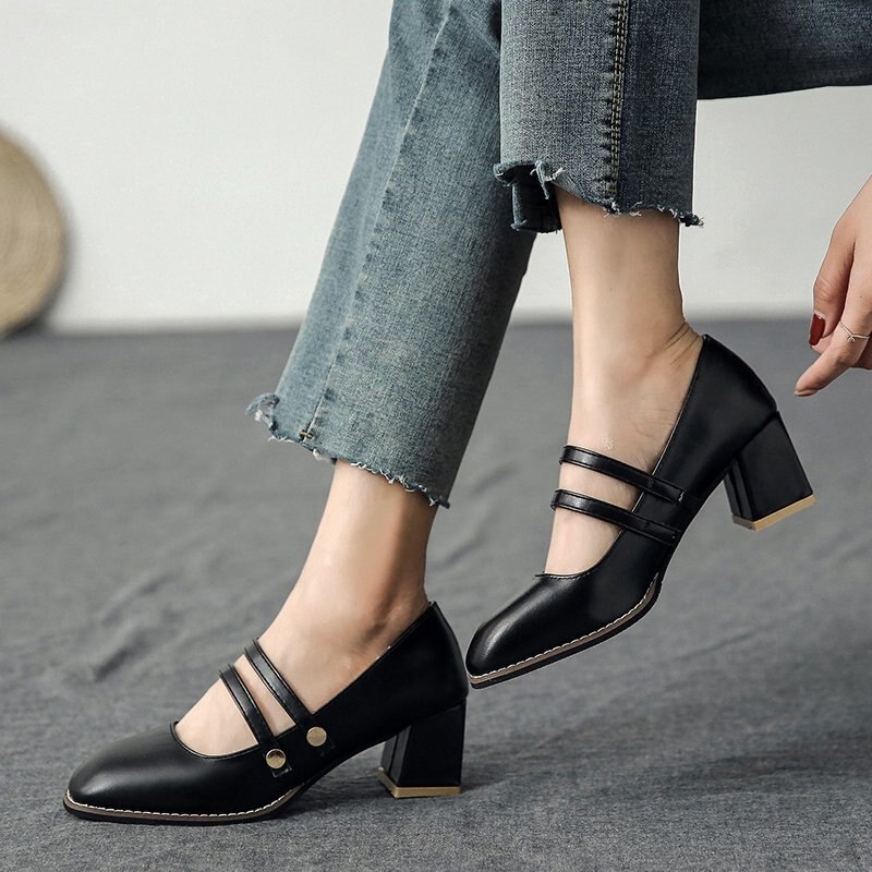 Women Mary Janes Shoes Square Toe Pumps Square Heeled Dress Shoes Double Band High Heels Big Size 41 42 Zapatos mujer 8835C