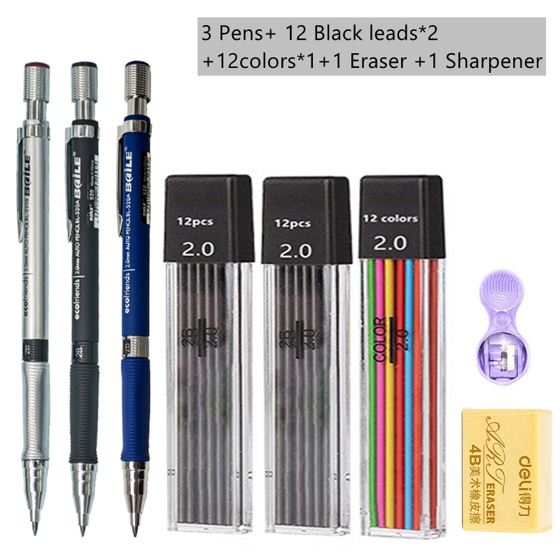 Mechanical Pencil Set 2.0 mm with 2B Black/Colors Lead Refill For Writing Sketching Art Drawing Painting School Automatic Pencil: Blue
