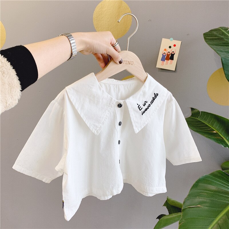 Chemises à col rabattu pour filles, manches longues, lettres brodées, en coton, vêtements décontractés, printemps: WHITE / 6T