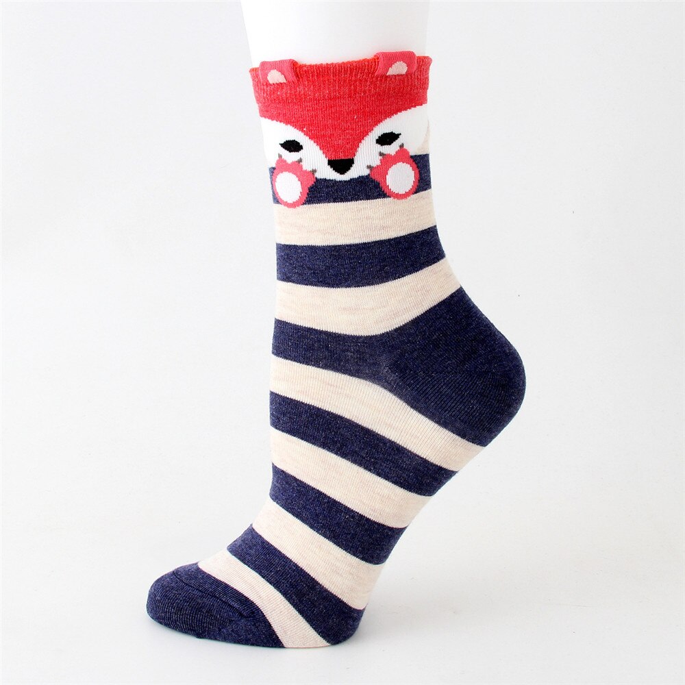 Funny Cartoon Animals Ankle Socks Striped Cotton Mid Tube Sock Soft Comfortable Autumn Winter Kawaii Footwear for Girls: navy blue
