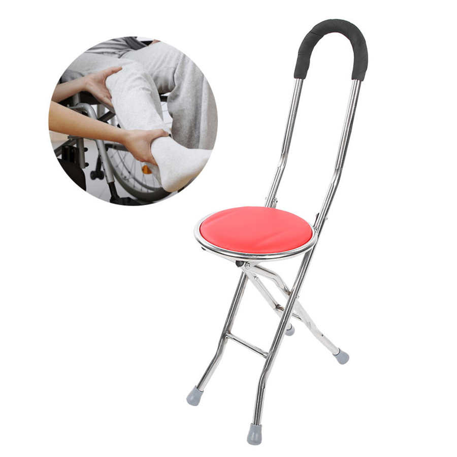 Folding Walking Cane Stool 1mm Thickness Stainless Steel Round Stool Elderly Walking Cane Red for Elderly Seniors Mobility Aids