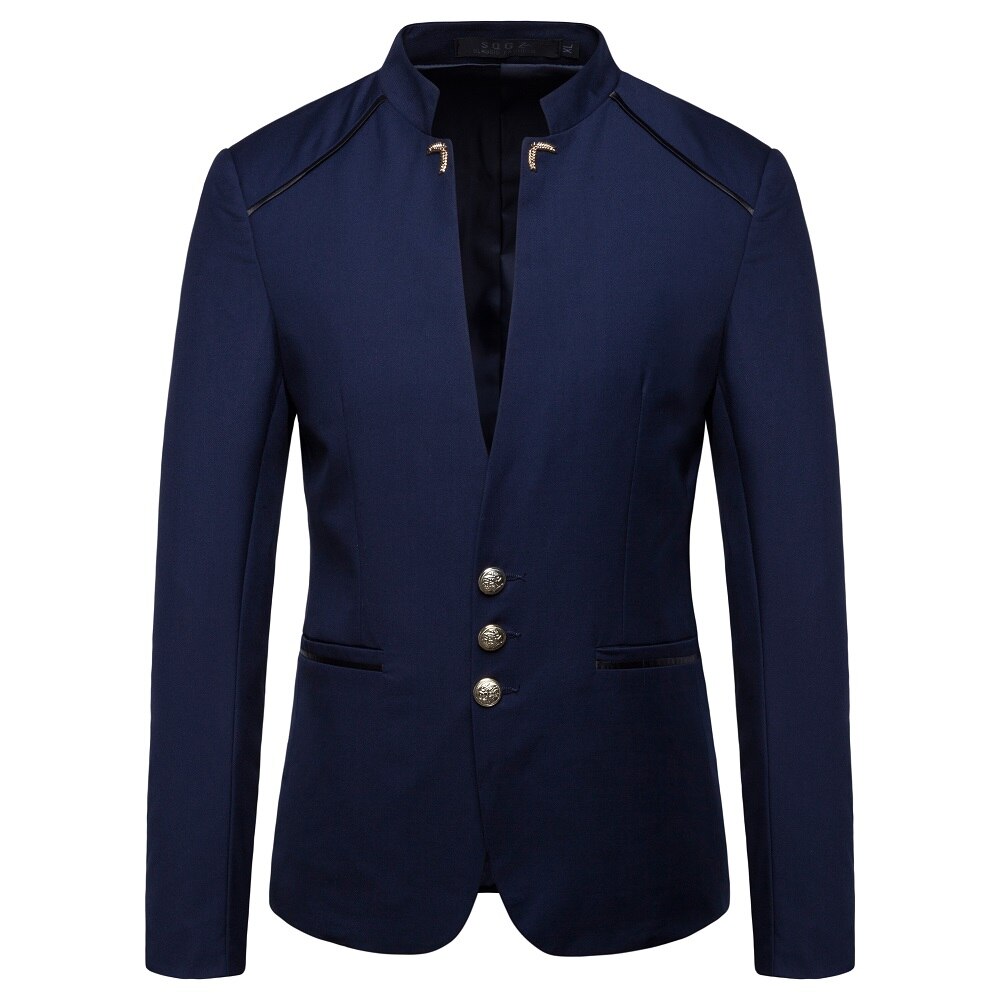 Chinese Style Mandarin Collar Business Casual Wedding Slim fit Blazer Men Casual Suits Jackets Male Stand Collar Blazer 4XL: navy / Asia L 54 to 60kg