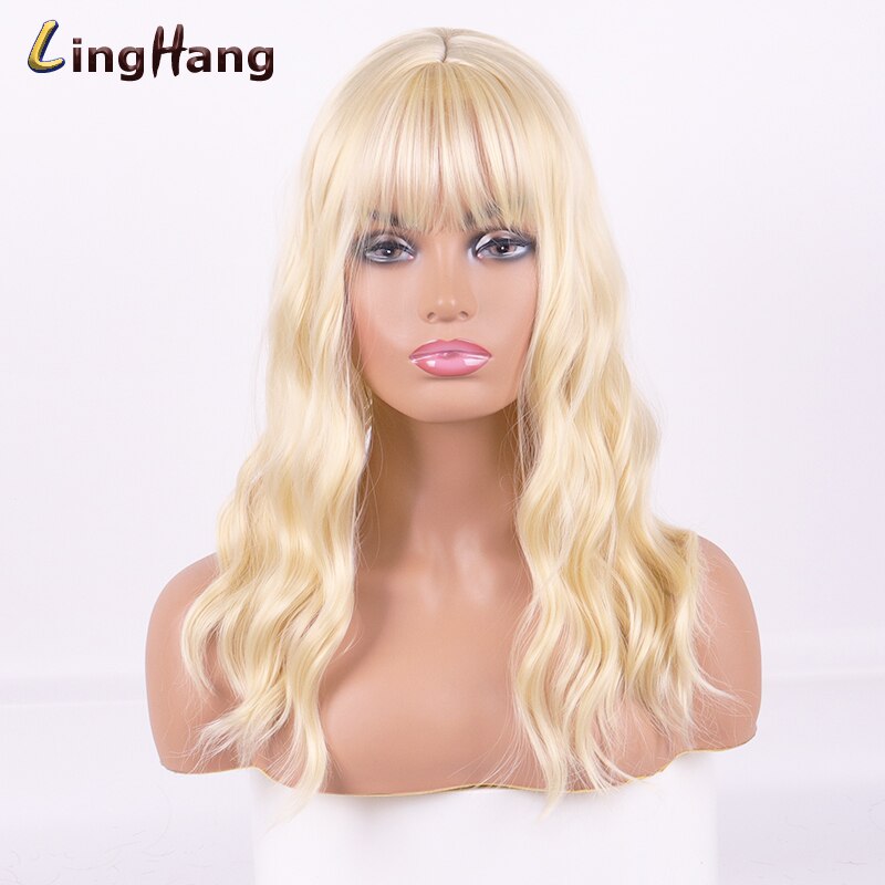 LINGHANG, pelucas de Rubia larga con flequillo, pelucas onduladas sintéticas resistentes al calor para mujeres, pelos de Afro-Americana: 613