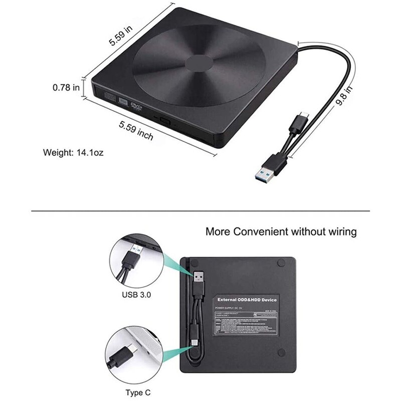 Usb 3.0 externe dvd-drive, draagbare type-c cd-/dvd-brander, optische vcd-speler voor laptop, desktop, windows 10 , mac os