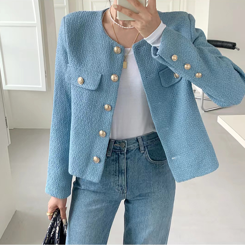 Cappotto di Tweed di lana francese moda bottone d'oro di fascia alta corto temperamento sottile autunno inverno cappotti coreani giacca donna corea 2023: L / Cielo Blu