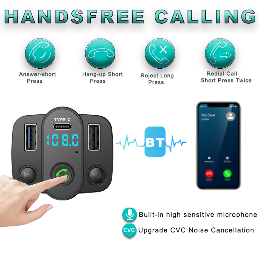 Bluetooth FM Transmitter Car MP3 Player Dual USB Type C Car Charge & Call Hands-Free for Safe Car Auido Receiver