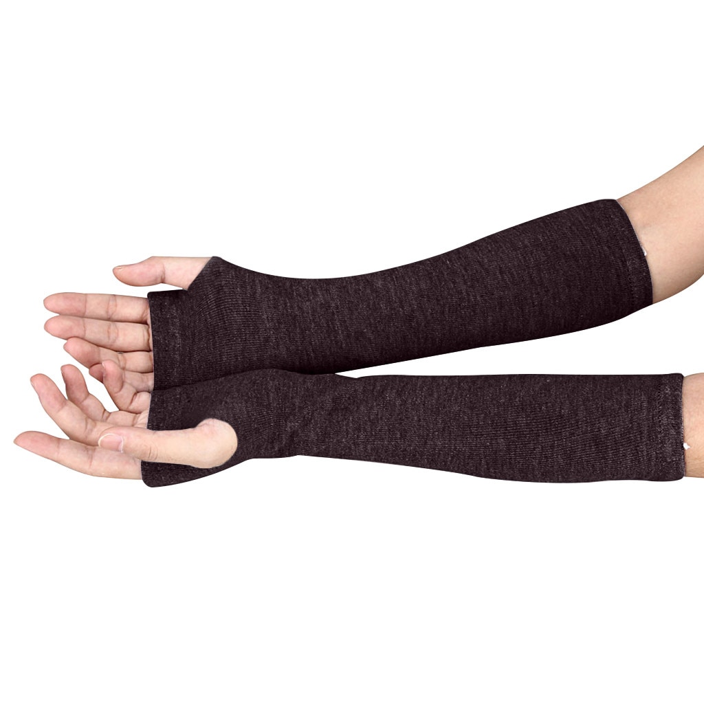 Sagace gants unisexe poignet bras tricoté à la main longs gants sans doigts couleur unie Crochet mitaines: Café