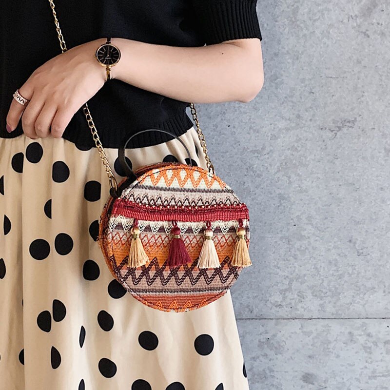 HUNI Women Bag National Wind Small Bags Female Tassel Portable Round Bag Woven Shoulder Bags
