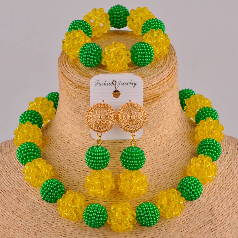 Royal Blue and Yelow African Beads Jewelry Set: Green Yellow