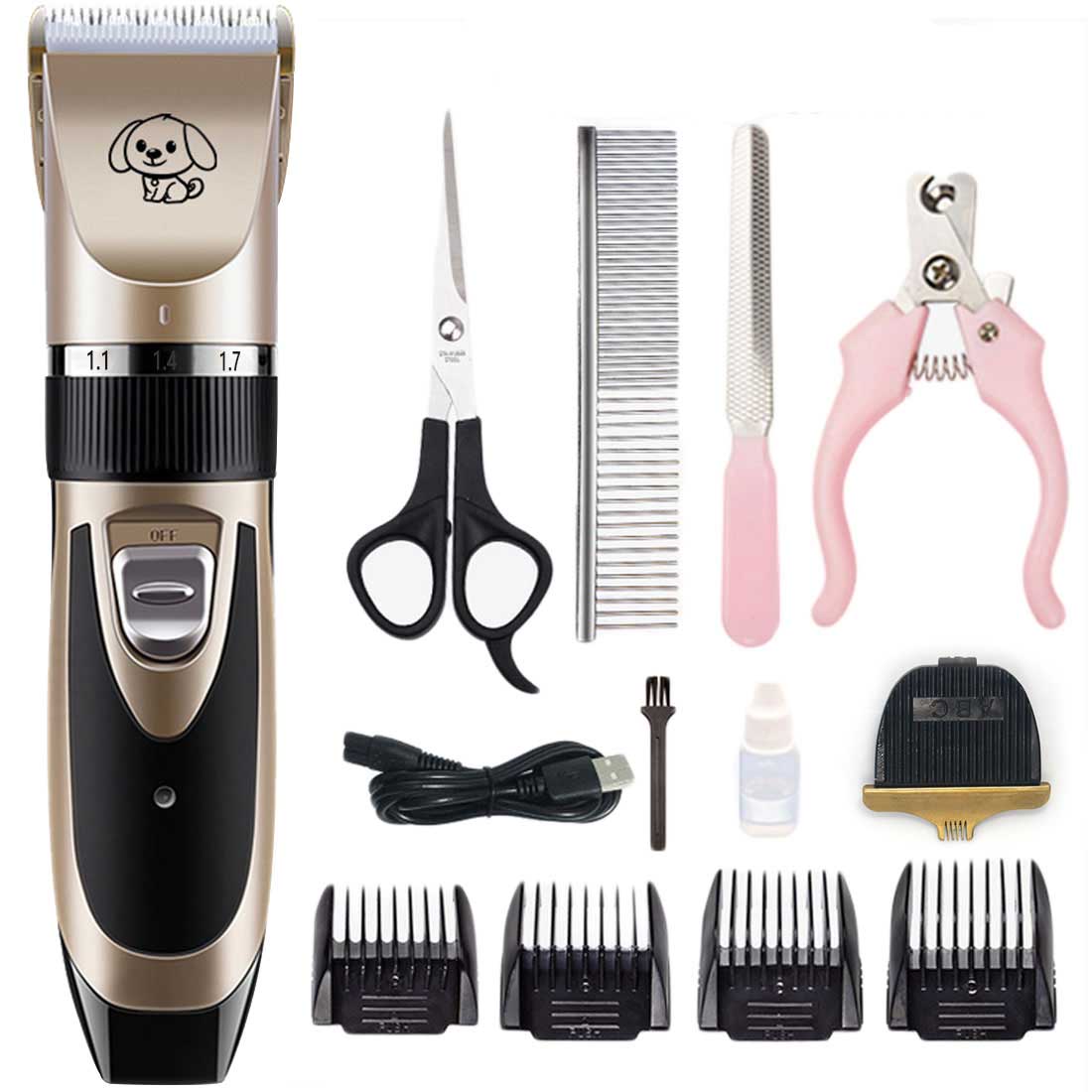 Rechargeable Pet Cat Dog Hair Trimmer Shaver Set Electric Dog Clipper Cat Low-noise Grooming Shaver Cut Machine Set+Spare Blade: Gold package 7