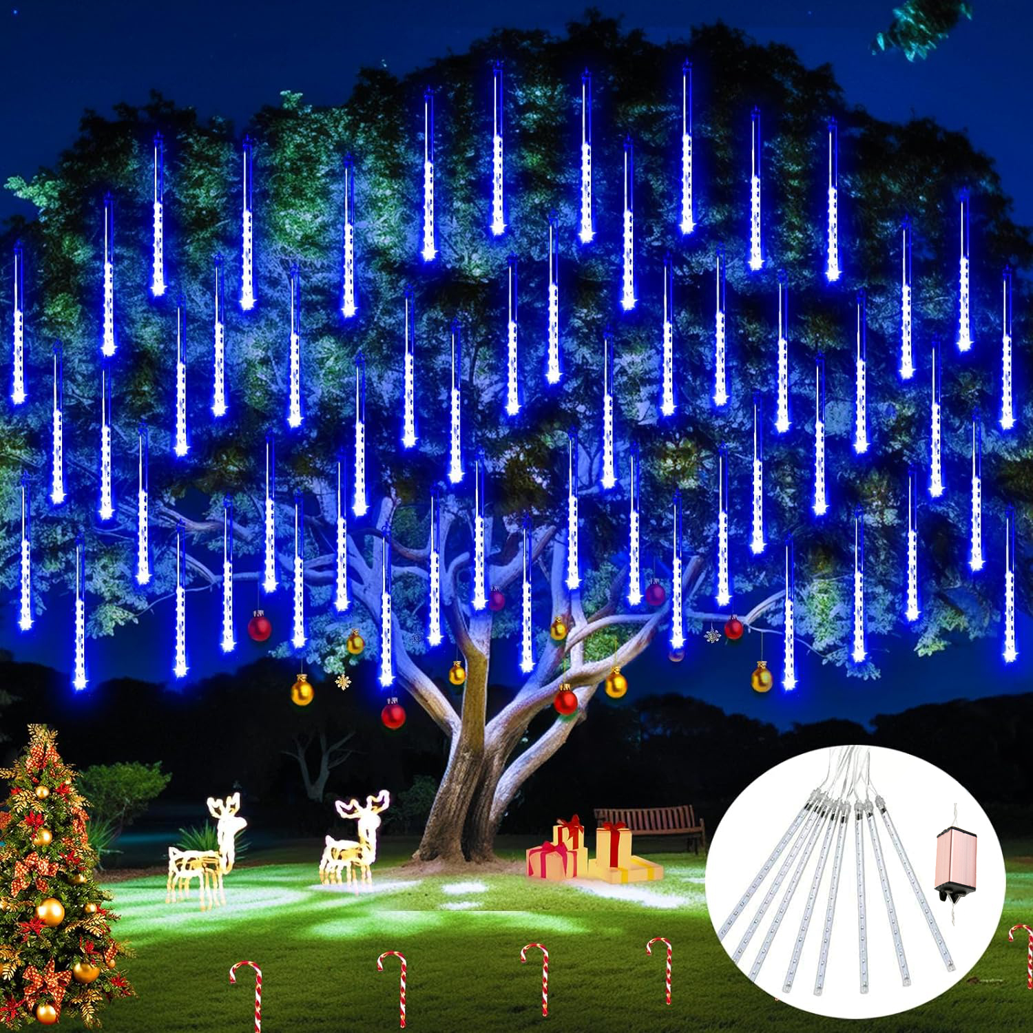 Luces de lluvia de meteoritos, cadena de luz LED impermeable, cielo estrellado, calle, Navidad, patio, jardín, decoración colgante de árbol
