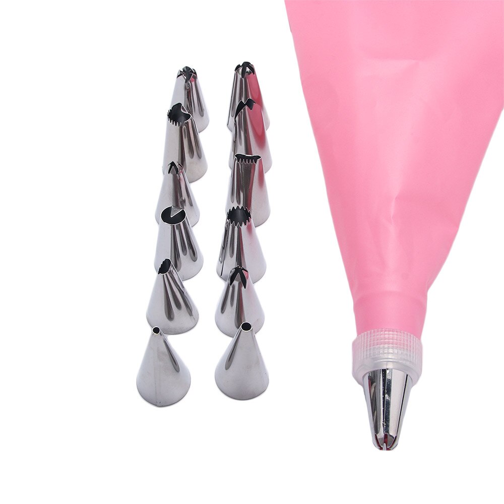 16 uds/Set de manga pastelera de silicona para glaseado bolsa de crema pastelera + 14 Uds boquilla de acero inoxidable adaptador de boquillas de manga pastelera DIY herramientas de decoración de pasteles