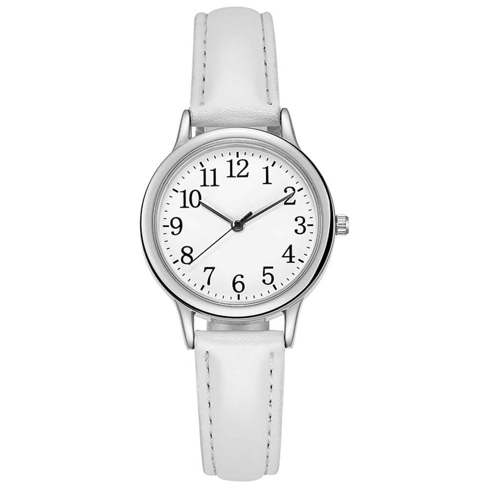 Montre à Quartz pour femmes, mouvement, chiffres arabes faciles à lire, cadran Simple, bracelet en cuir PU, couleur bonbon: White