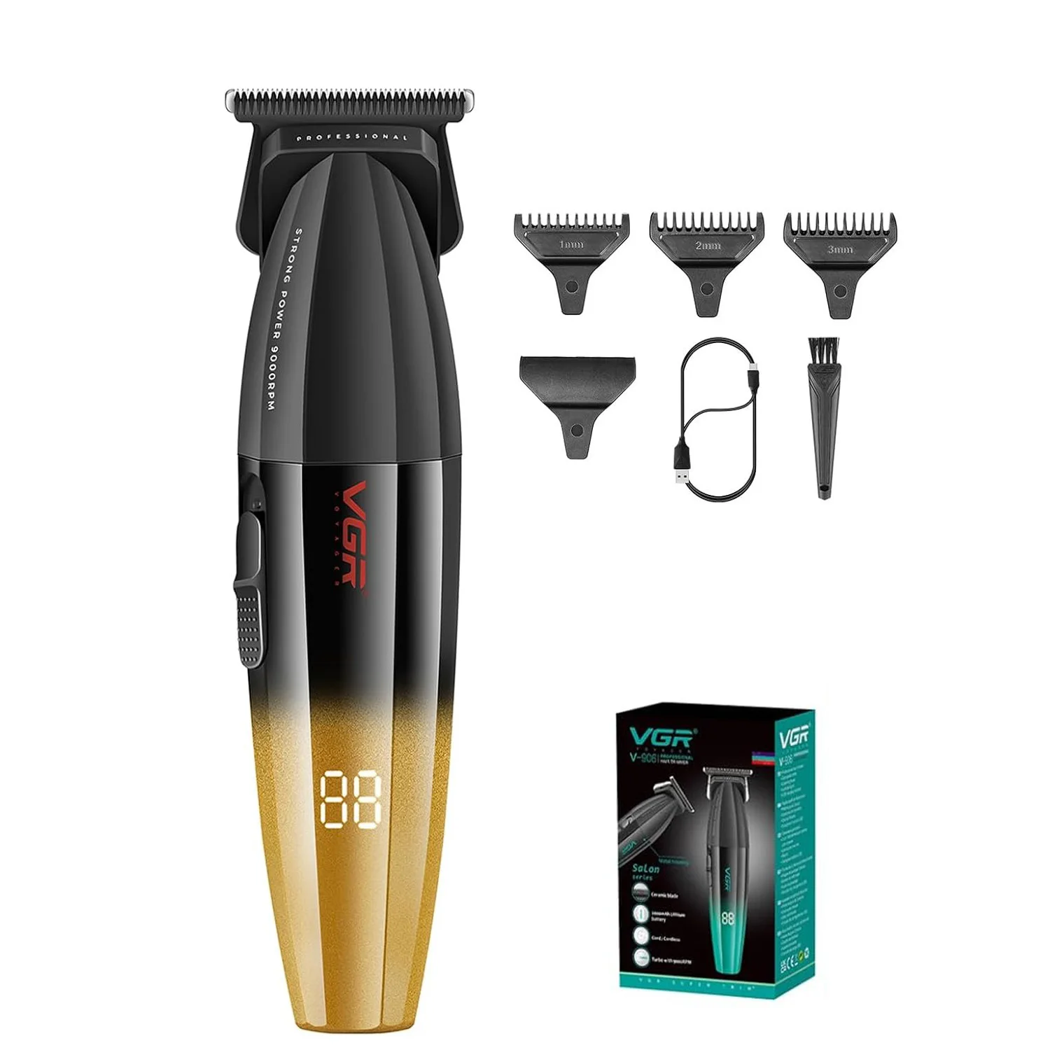 Vgr 003 906 profissional fade máquina de cortar cabelo sem fio aparadores para homens conjunto carga usb display led kit corte cabelo: Dourado