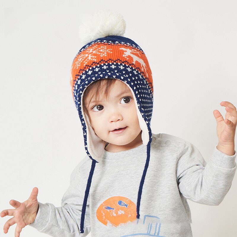 Chapeau avec oreillettes de noël pour enfants, bonnet d'hiver épaissi en tricot , accessoires pour bébés, garçons et filles