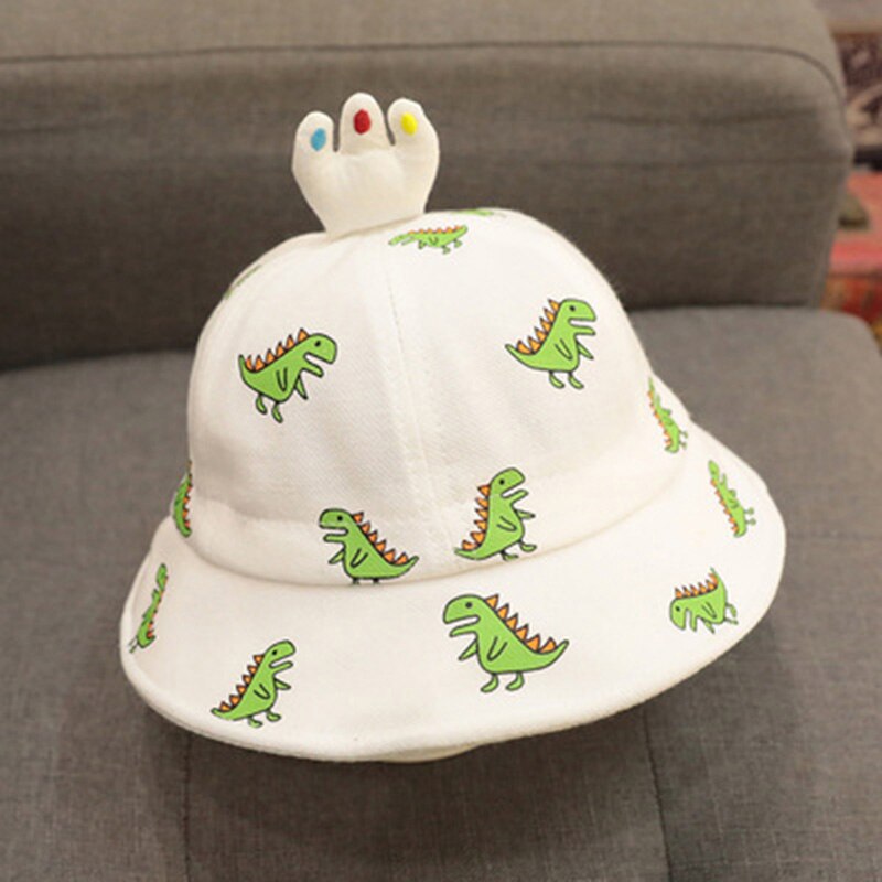 Cute Cartoon Baby Hat Dinosaur Printed Kids Girl Boy Bucket Cap Spring Summer Outdoor Children Toddler Fisherman Beach Sun Hat: white