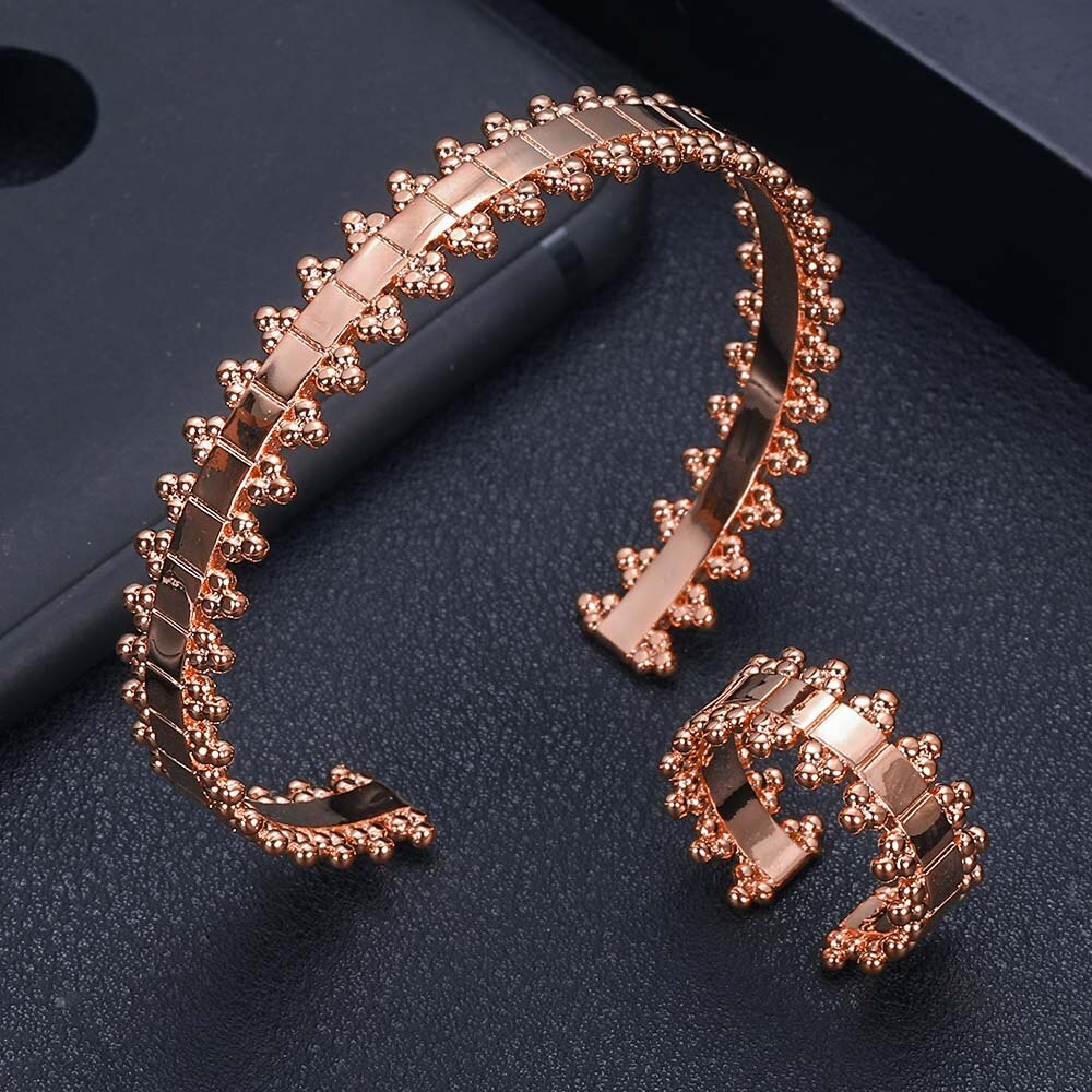 Luxe Unieke Dubai Armband Ring Set Sieraden Sets Voor Vrouwen Wedding Kubieke Zirkoon Crystal CZ Dubai Bruids Sieraden Set: Rose Goud Kleur