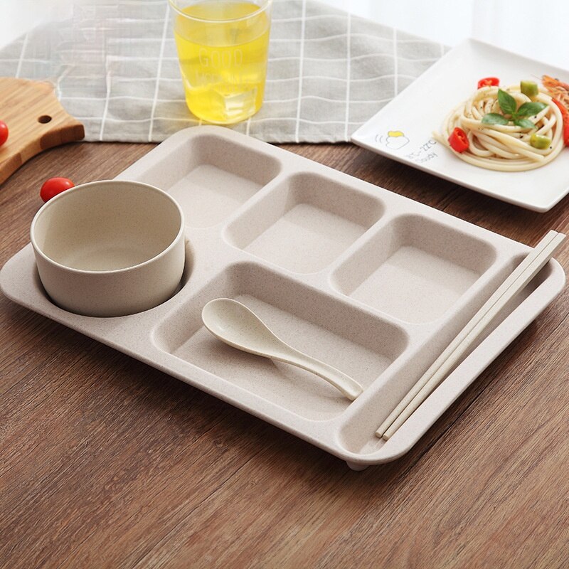 Assiette incassable en plastique, paille de blé, compartiment en plastique, cantine ménage, service de couverts, accessoires de cuisine, service de vaisselle: Beige