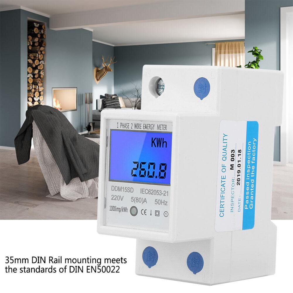 Single-phase LCD DIN Rail Energy Meter Digital Electric DDM15SD 2P Multi-function With Backlight Display 5-80A