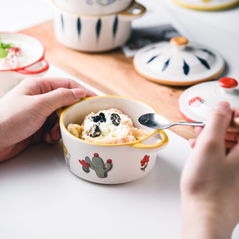 Keramische Kom Gestoomde Ei Cup Japanse Stijl Enkele Soufflé Bakken Kom Stoofpot Beker Met Deksel Binaural Cup Dessert Cup