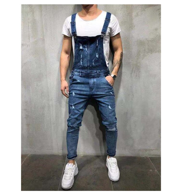 Men's British Style Denim Bib Pants Full Length Jeans Jumpsuits Hip Hop Ripped Jeans Overalls for Men Streetwear: Blue / XXL