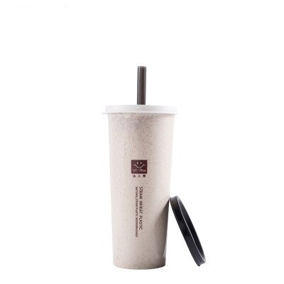 Portable Wheat Straw Cup with Straws Multi-Functional Double Lid Cola Coffee Plastic Cup Drinking Cup: Beige