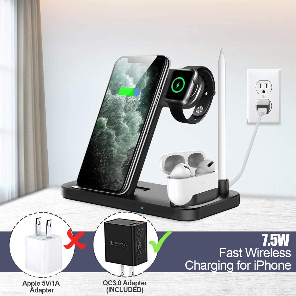 FDGAO 4 en 1 Qi chargeur sans fil 10W Station de chargement rapide pour iPhone 11 Pro XS XR X 8 Plus Apple Watch 5 4 3 2 AirPods Pro