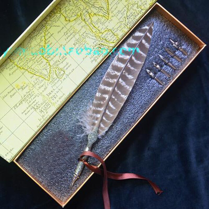 Di alta qualità vitage penna d'oca piuma penna impostato con 5 pennini 1 firma inchiostro calligrafia retrò intaglio regalo di nozze scrittura immersione Penna