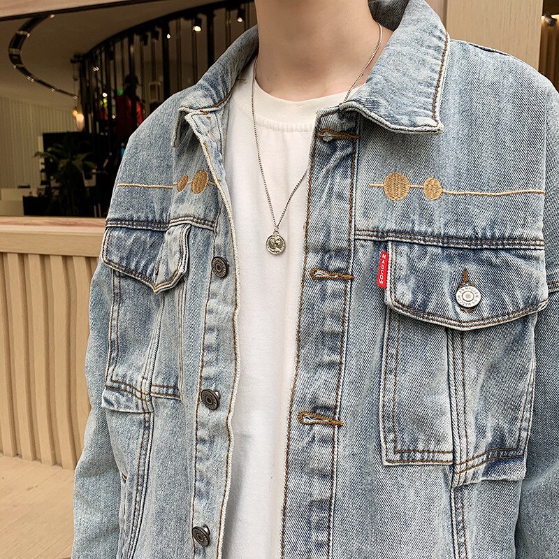 Spring and autumn teenagers denim jacket men loose casual all-match hip hop embroidery Korean youth handsome jacket