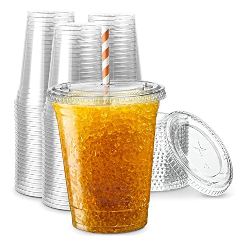 Copa de plástico transparente con cubierta de ranura de paja, taza de plástico desechable transparente de cristal PET con tapa, 16 Oz