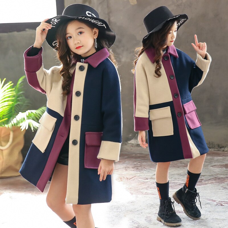 Ragazze Cappotto di Lana 2019 Autunno Inverno Dei Capretti Dei Vestiti Dei Bambini di Abbigliamento di Moda Patchwork di Spessore Caldo Outwear Ragazze Adolescenti Vestiti