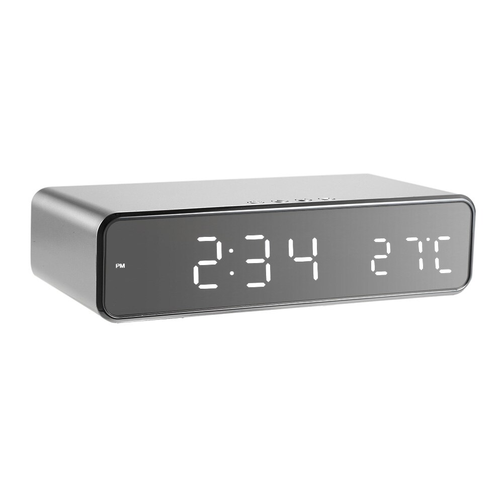 LED Electric Alarm Clock desktop Digital Thermometer Clock HD Mirror Clock with Mobile Phone Wireless Charger and Date: Default Title