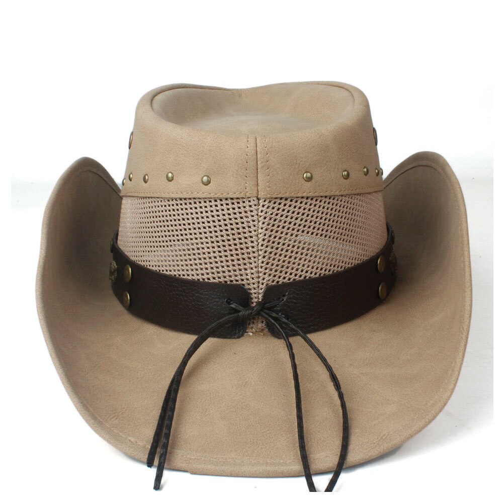 100% Leather Men Women Mesh Western Cowboy Hat Wide Brim Hat Outdoor Sombrero Hombre Cowgirl Hat Bull Ribbon