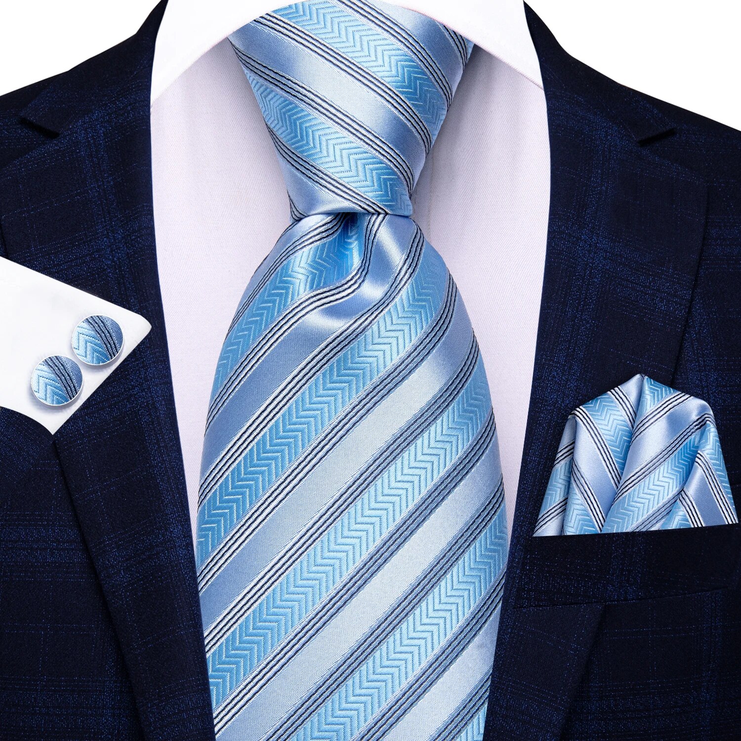 Hi-Tie Black Red Striped Silk Wedding Tie For Men Handky Cufflink Men Necktie Set Business Party: SKY BLUE