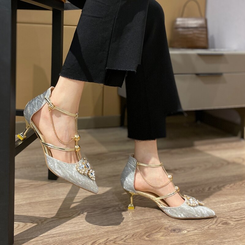 Szpilki DLEK cekinowe Rhinestone eleganckie pumpy damskie szpiczaste Toe letnie markowe buty na obcasie