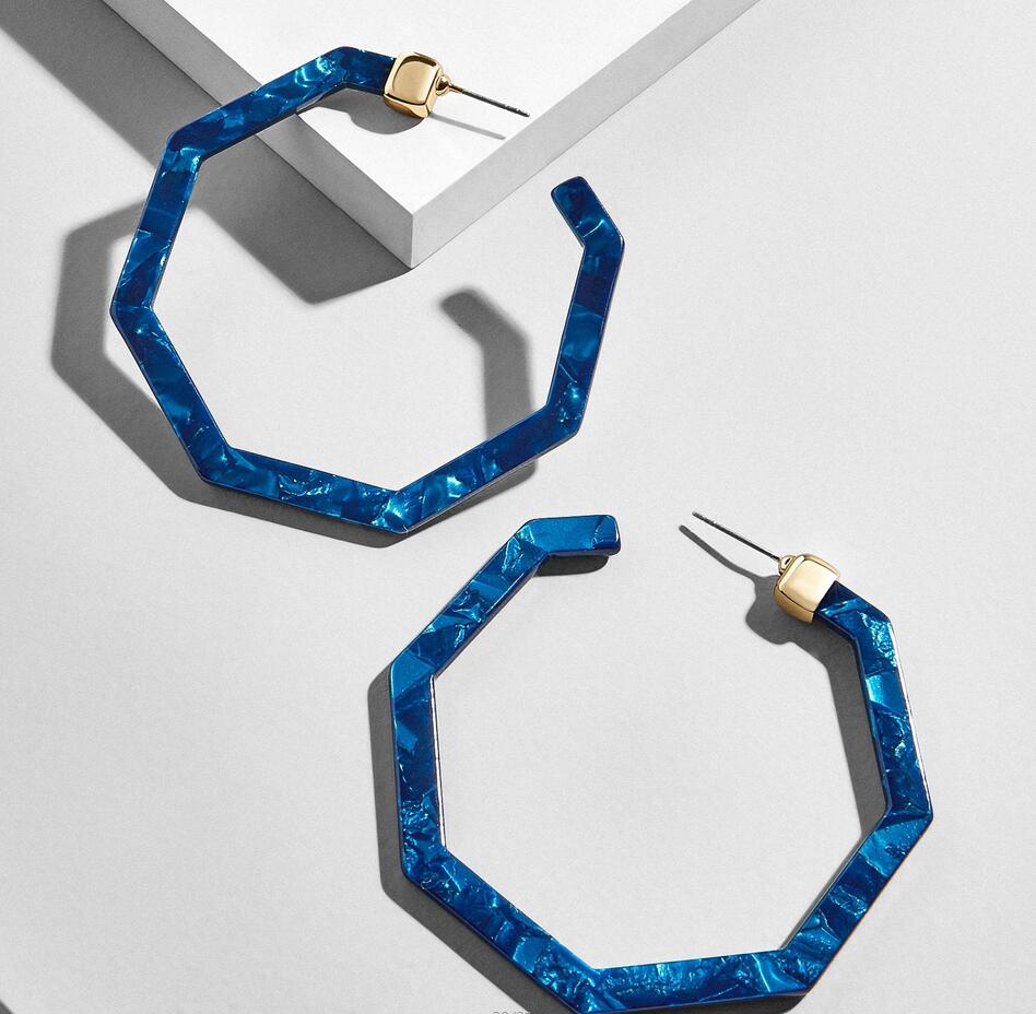 11 Colors Available Women Hexagon Acrylic/Resin Big Hoop Earrings Colorful Acid Acetate Jewelry: Blue