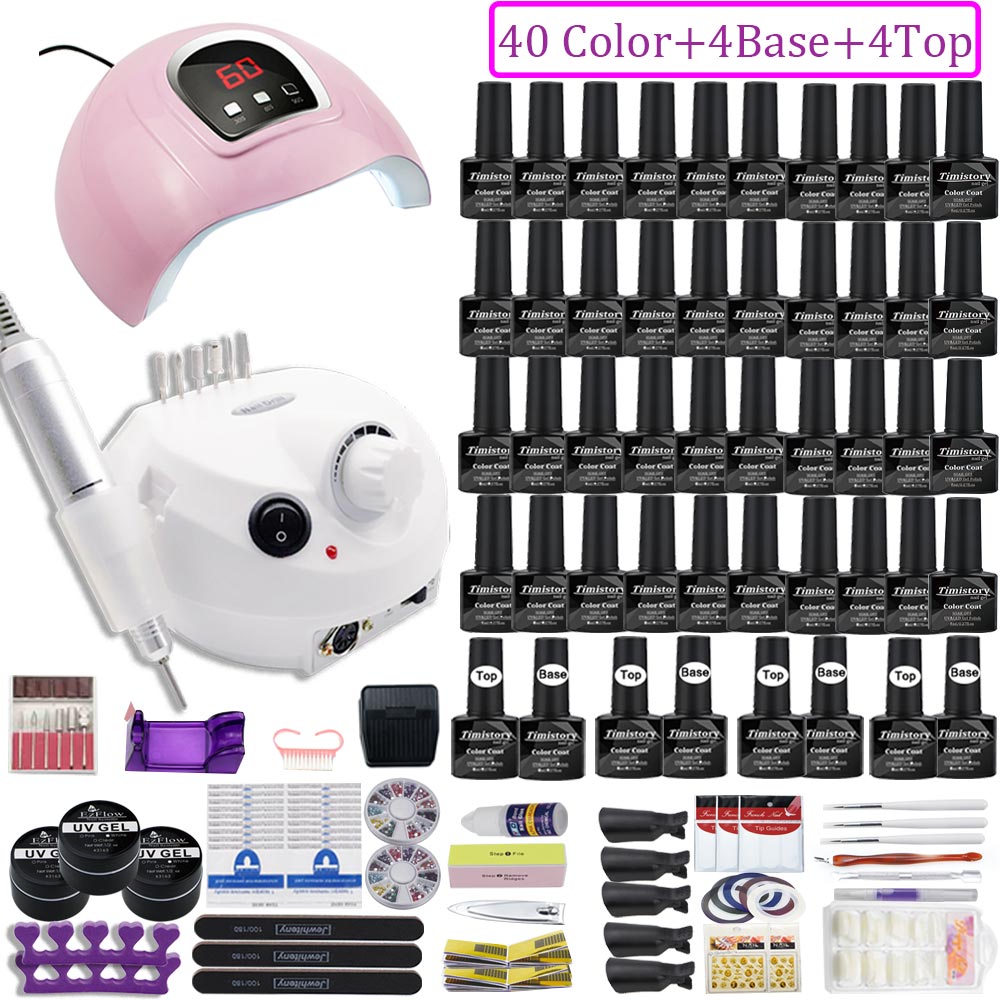 UV LED Lamp Nail Set Acrylic Kit 40&20 Colors Nail Gel Polish Manicure Set With 35000/20000 RPM Nail Drill Machine Nail Art Tool