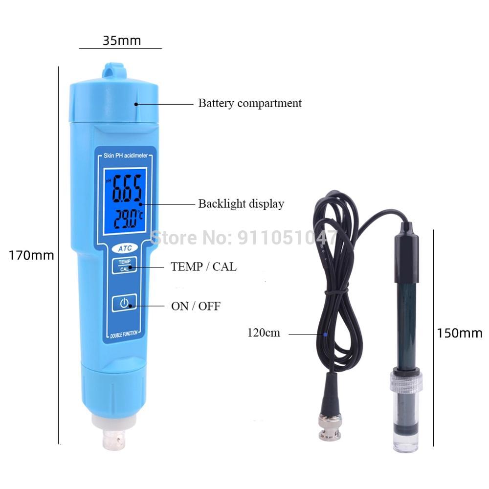 Digital Skin PH Meter Pen Type Acidimeter Automatic Calibration Backlight Display Replaceable BNC Probe 2 in 1 PH TEMP Tester