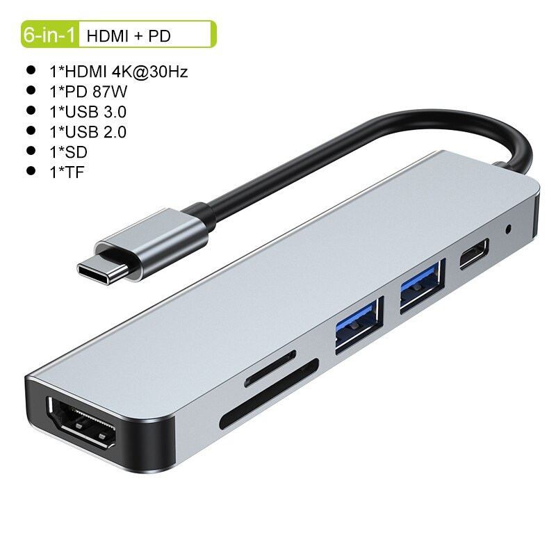 Usb c hub type c splitter til hdmi 4k thunderbolt 3 dokkingstasjon bærbar adapter med pd sd tf  rj45 for macbook air  m1 thinkpad: 6 i 1 hdmi pd